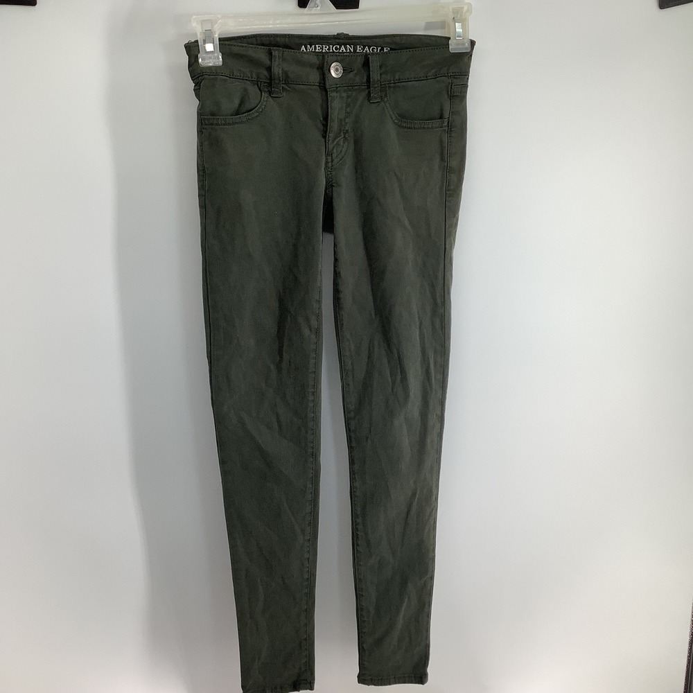 American‎ Eagle Sateen Jegging Olive Green Super Stretch Low Rise Skinny Pants 0